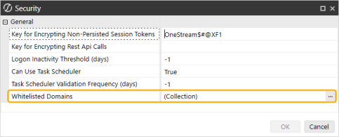 Security dialog box with Whitelisted Domains field highlighted